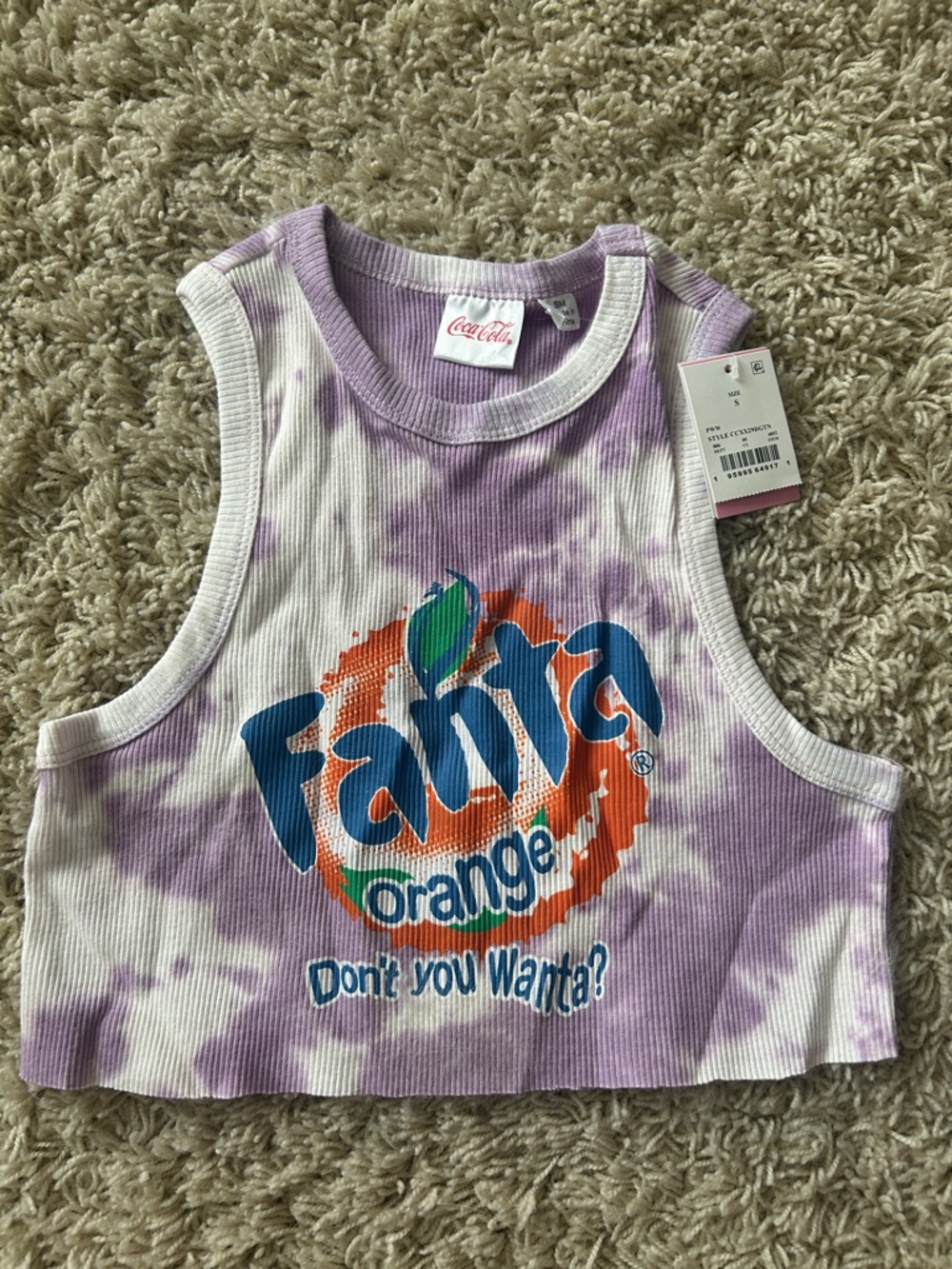 NWT Coca-Cola Fanta Tie-Dye Lavender & Orange Logo Cropped Tank Size Small